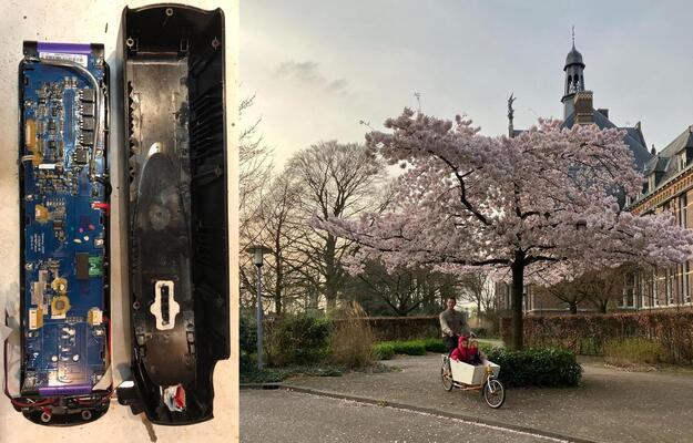A washing line temporarily fixed the battery (left), but soon I was cycling without a battery (right)